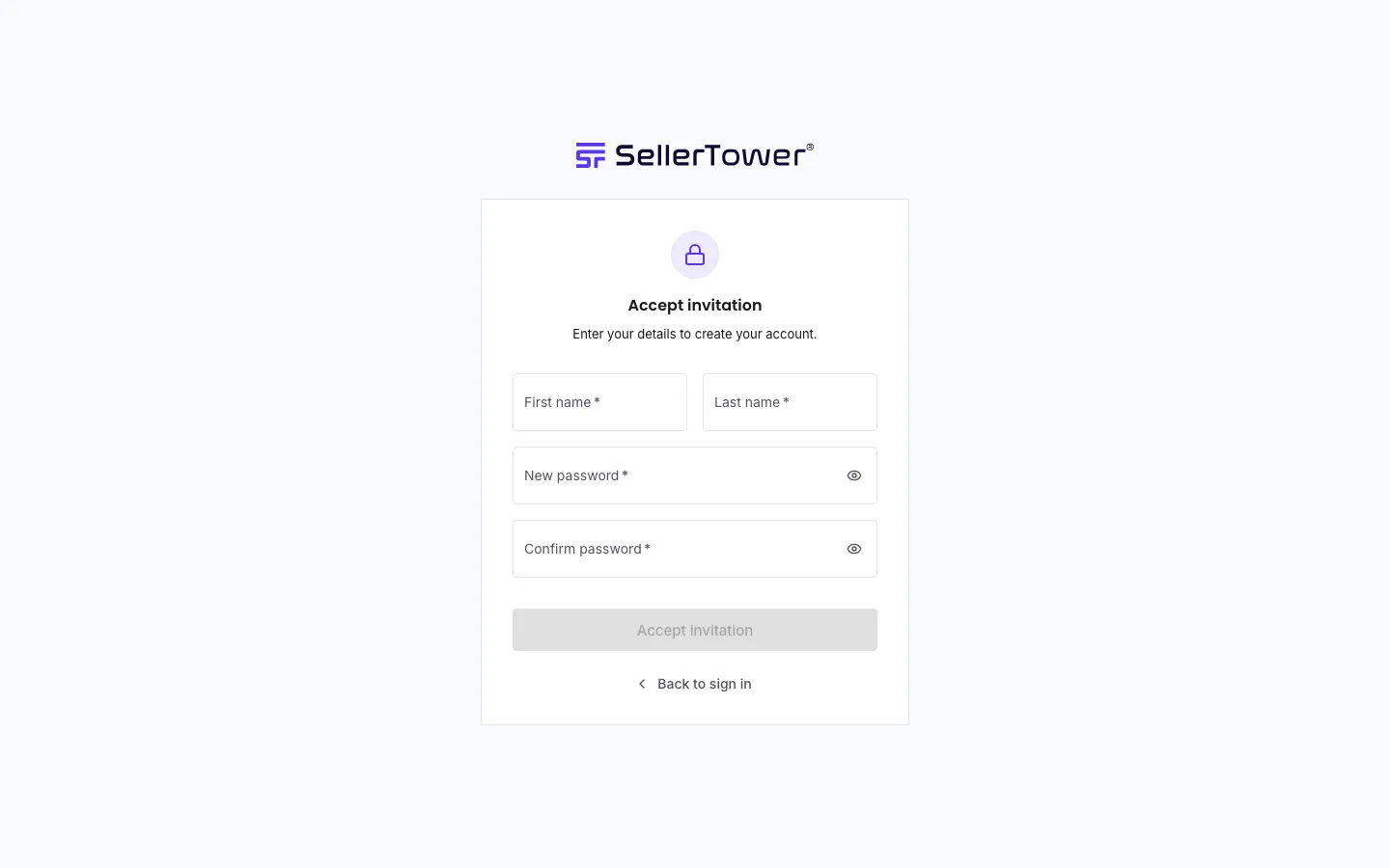 The accept-invitation page: first and last name fields, a new password with strength meter, a confirm password field, and an Accept invitation button.