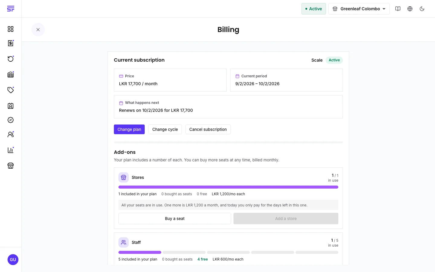 The Billing page: the current subscription card with plan and period, the add-ons panel with store and staff seat meters, and the billing details section with the Stripe portal row.