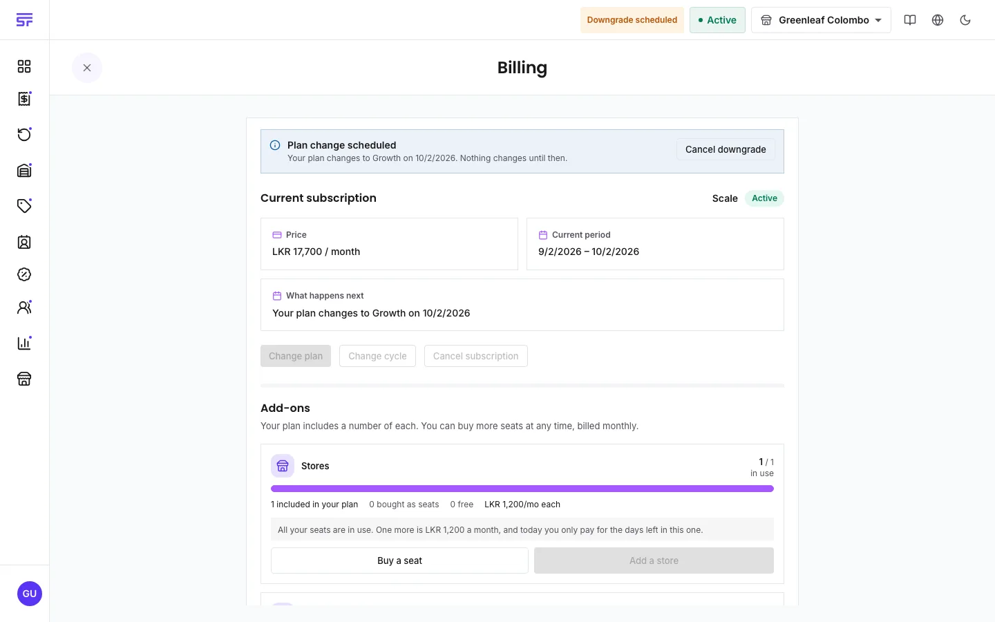 The billing page with a 'Plan change scheduled' banner naming the new plan and date, a Cancel downgrade button, and the plan-change buttons disabled while the change is pending.