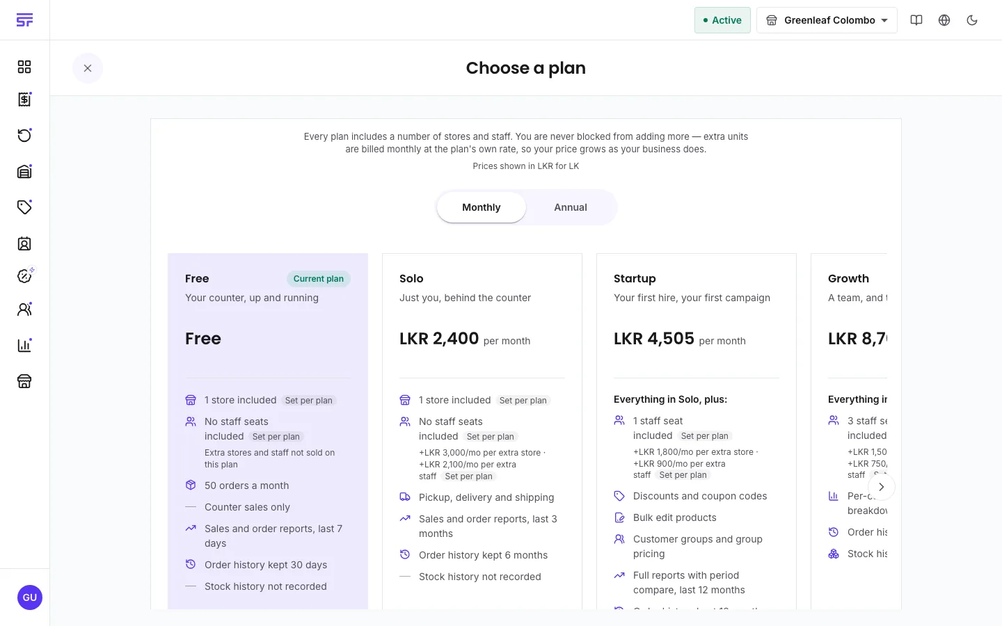 The Choose a plan page: plan cards in rank order showing monthly price, included stores and staff seats, add-on rates, and capability bullets, with Upgrade and Downgrade buttons per card.
