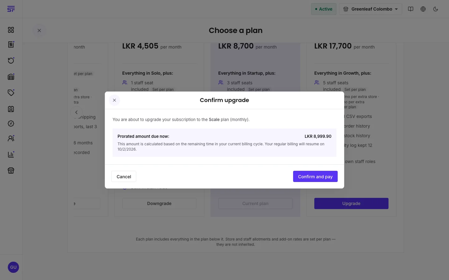 The Confirm upgrade dialog: 'You are about to upgrade your subscription to the Scale plan (monthly)', a prorated amount due now with an explanation that it covers the remaining time in the current billing cycle, and Cancel / Confirm and pay buttons.