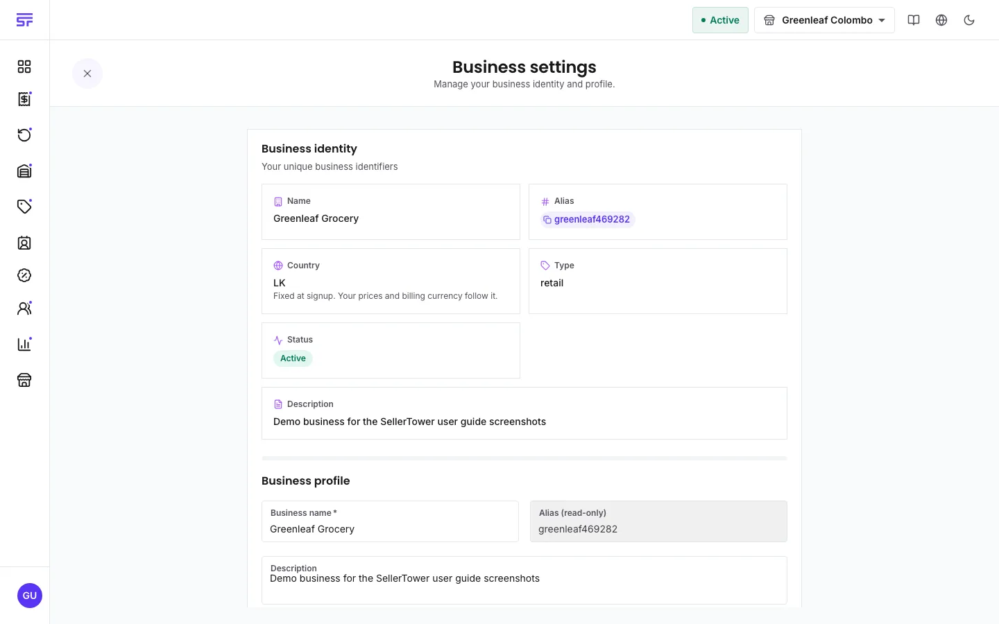 The Business settings page: Business identity tiles (name, alias with copy chip, country, type, status, description), editable Business name and Description fields, a read-only Alias, and a Danger zone with Delete business.
