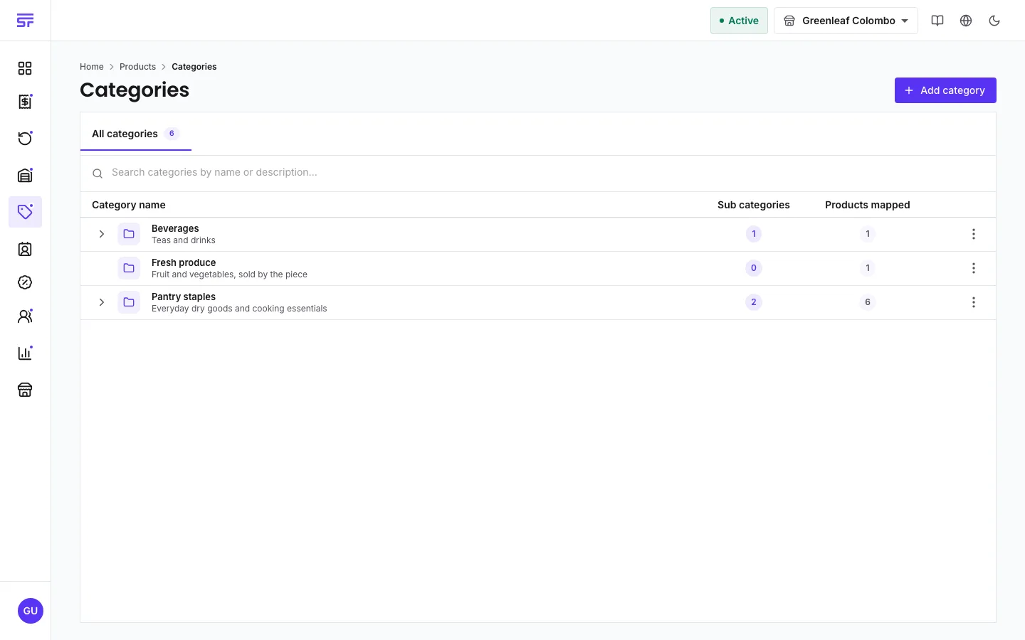 The Categories page: a tree of categories with descriptions, expandable rows, and count chips for sub-categories and products mapped.