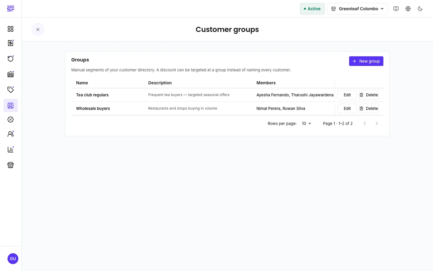 The Customer groups page: a table of groups with name, description and member names, each with Edit and Delete actions, and a New group button.