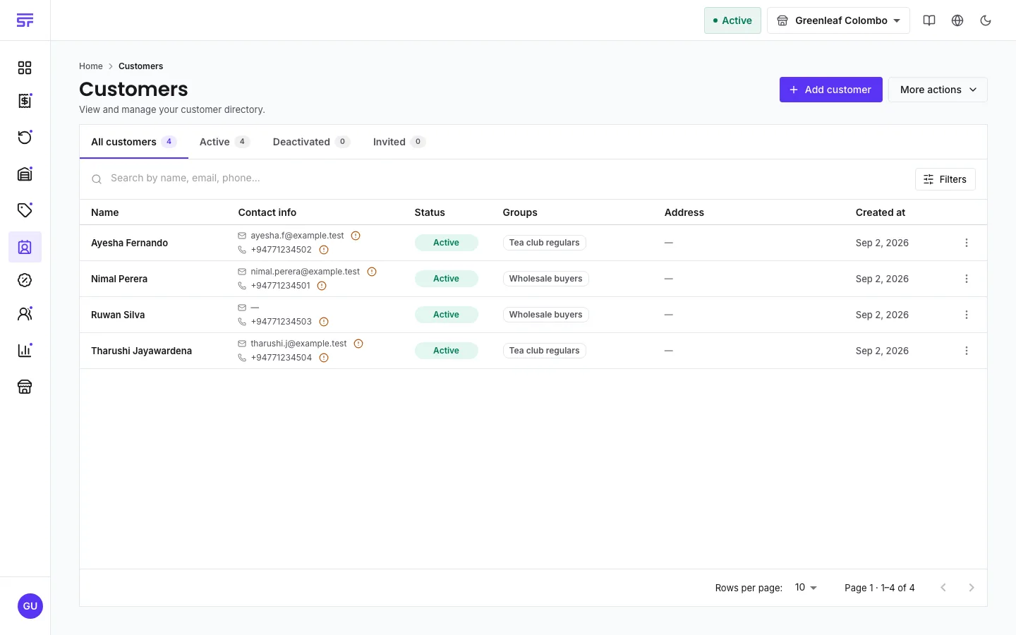 The Customers page: tabs All, Active, Deactivated and Invited, a search box, and rows showing each customer's contact info, an Active status pill, their group chips, address and created date.