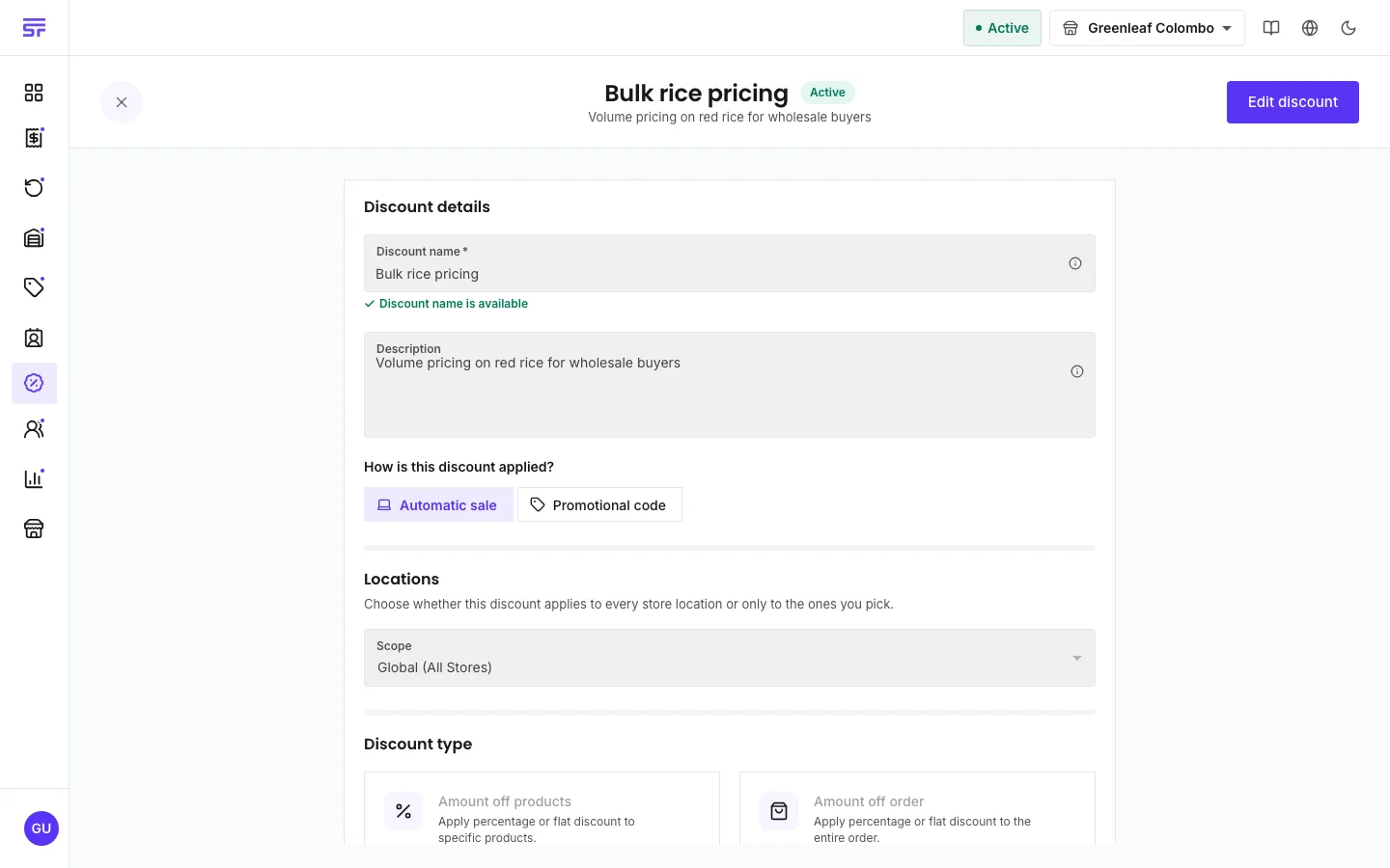 A discount's detail page: name and description, the 'How is this discount applied?' choice between Automatic sale and Promotional code, a Locations scope, and the Discount type cards.