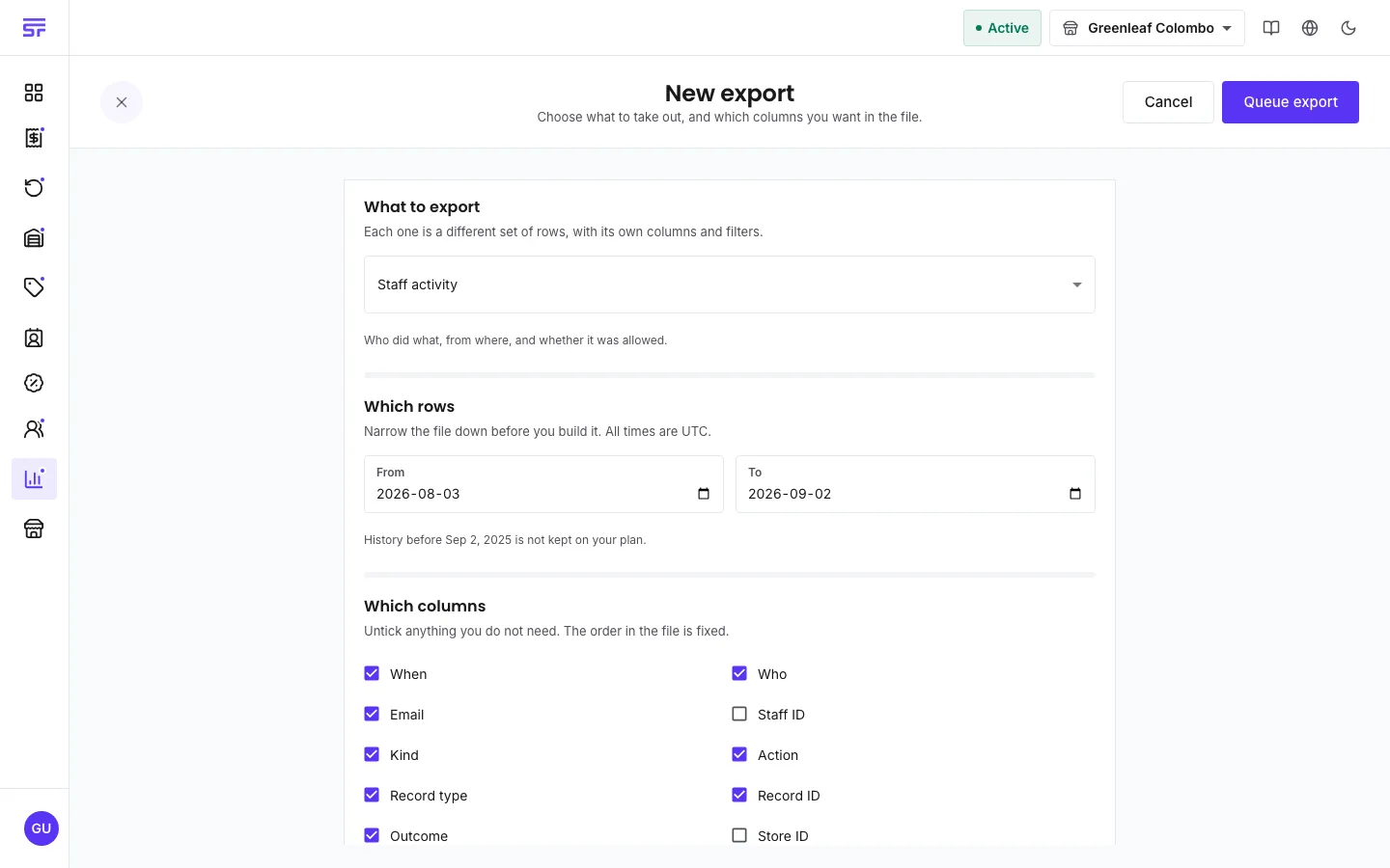 The New export page: a dataset picker ('Staff activity — Who did what, from where, and whether it was allowed'), a From/To row filter noting the plan's history boundary, and column checkboxes ('Untick anything you do not need. The order in the file is fixed.').