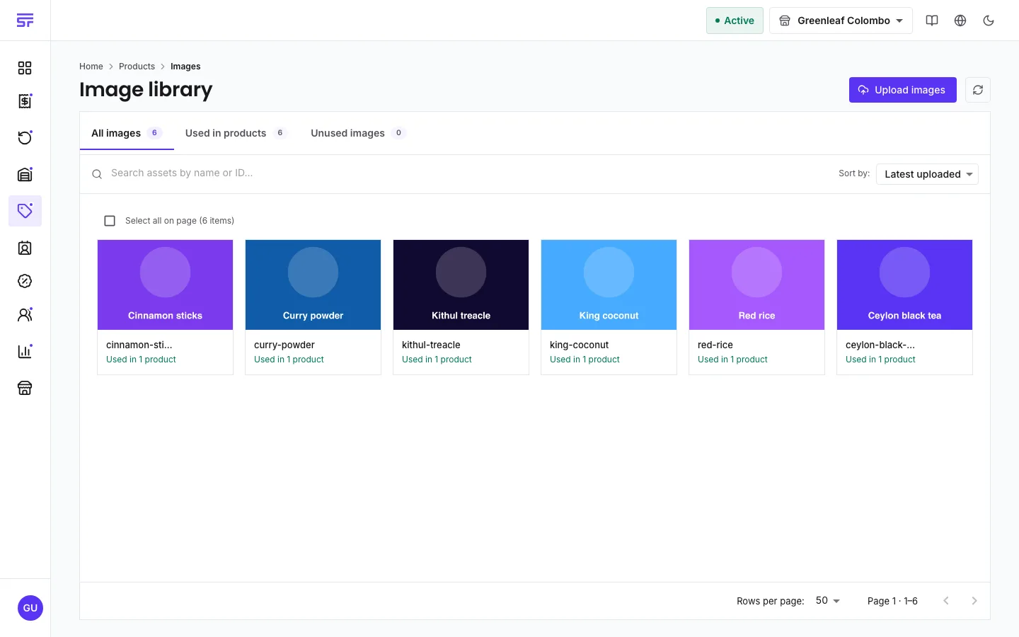 The Image library page: tabs for All images, Used in products and Unused images with counts, a search box, a sort control, and a grid of image cards each showing its name and 'Used in 1 product'.