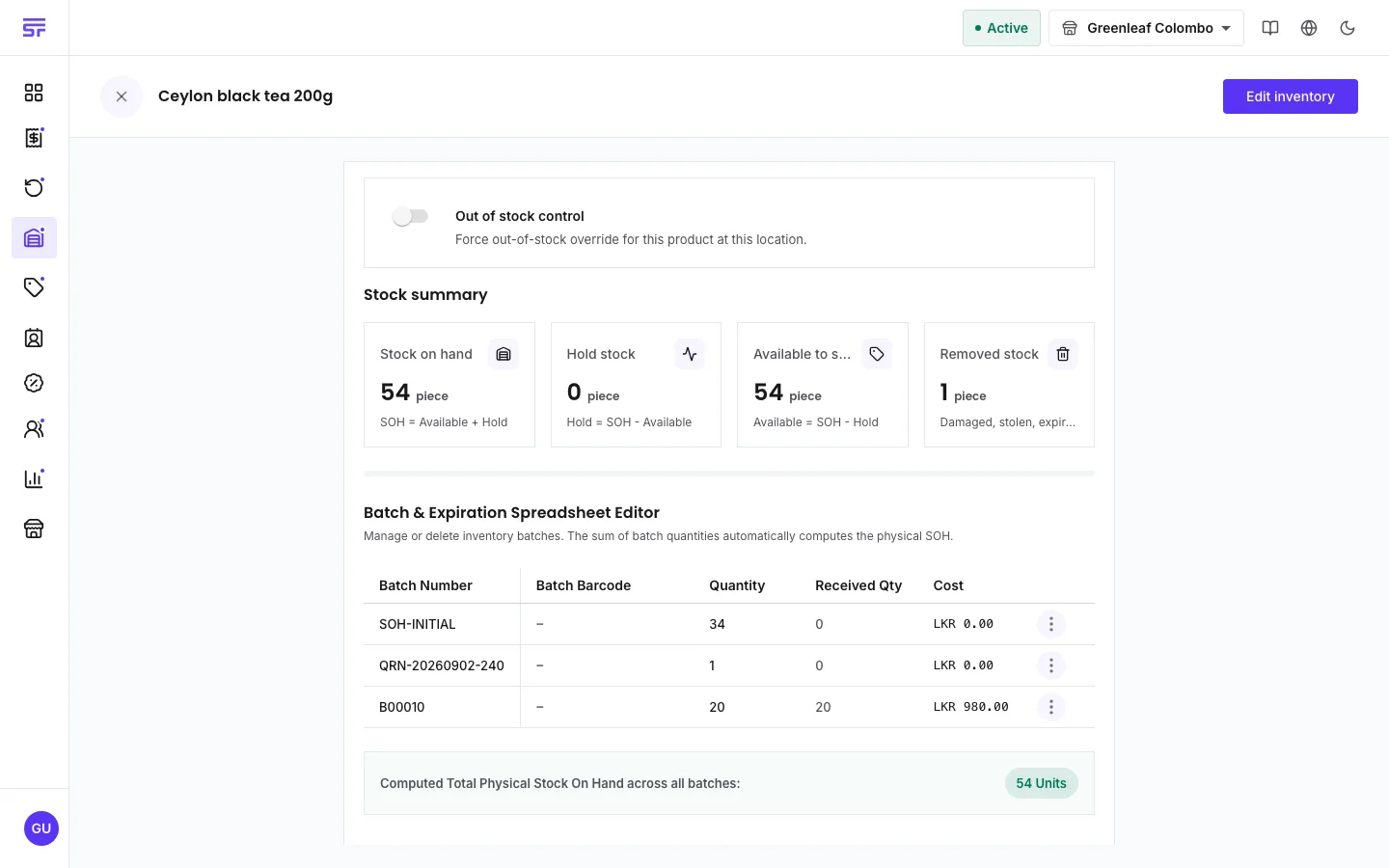 A product's stock page: an Out of stock control toggle, Stock summary tiles for stock on hand, hold, available and removed stock with their formulas, and the batch editor listing each batch with quantity and cost.