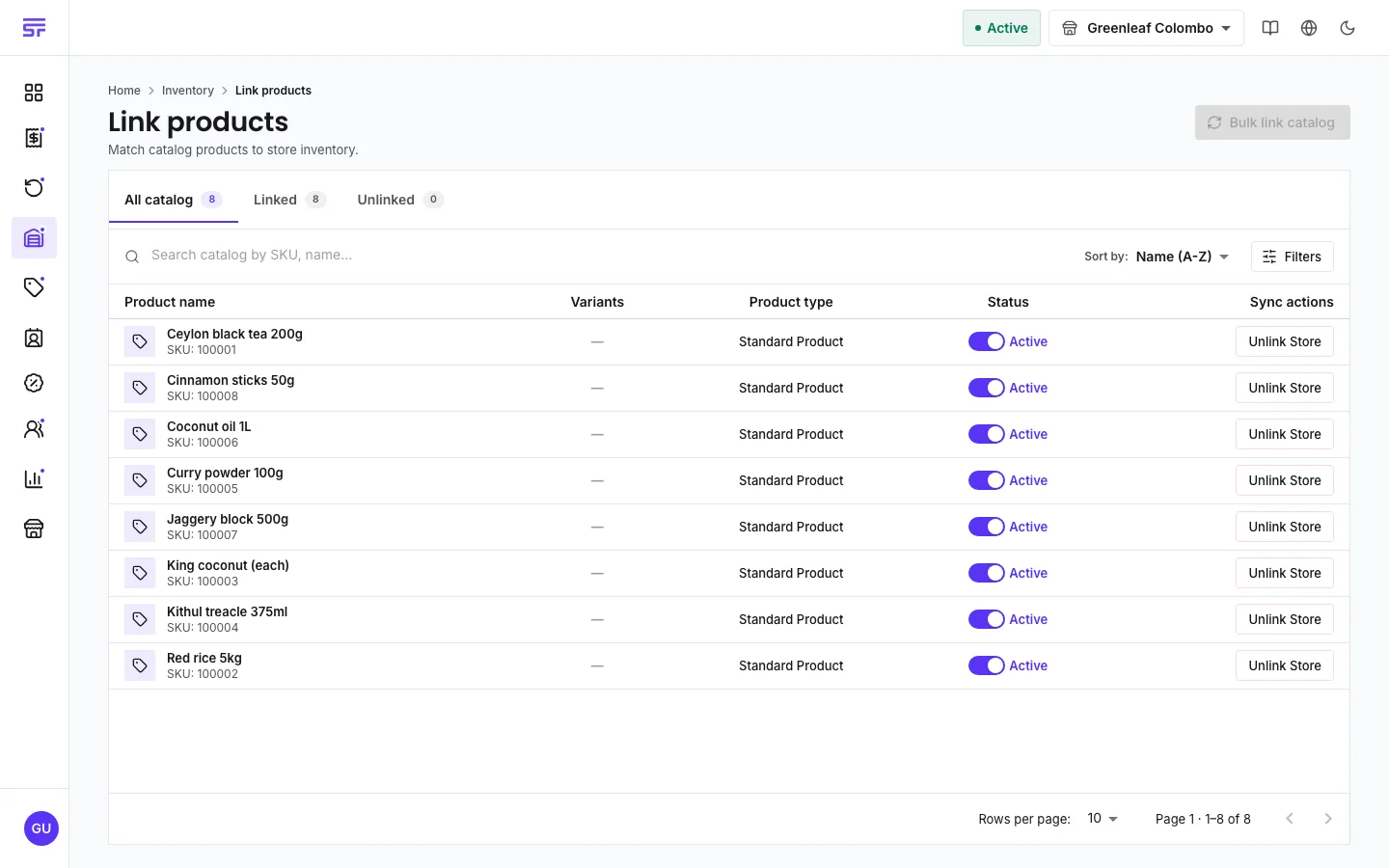 The link-products page: catalogue products not yet tracked in this store, with a search box and actions to link them into stock.