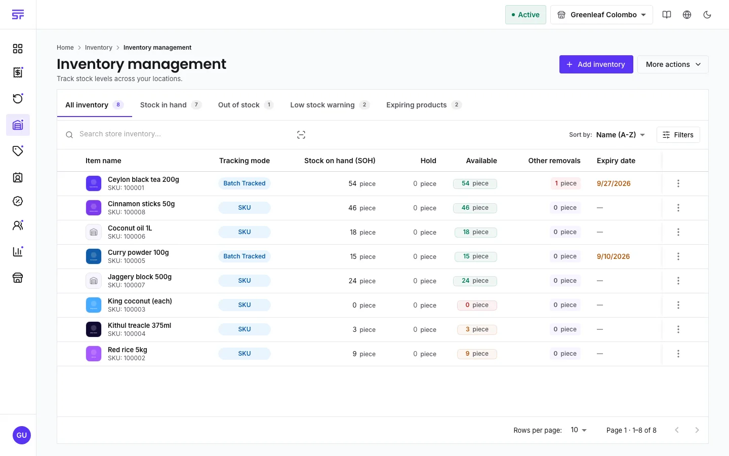 The Inventory management page: tabs for All inventory, Stock in hand, Out of stock, Low stock warning and Expiring products with count chips, and rows showing tracking mode (Batch Tracked or SKU), stock on hand, hold, available, other removals and expiry date.