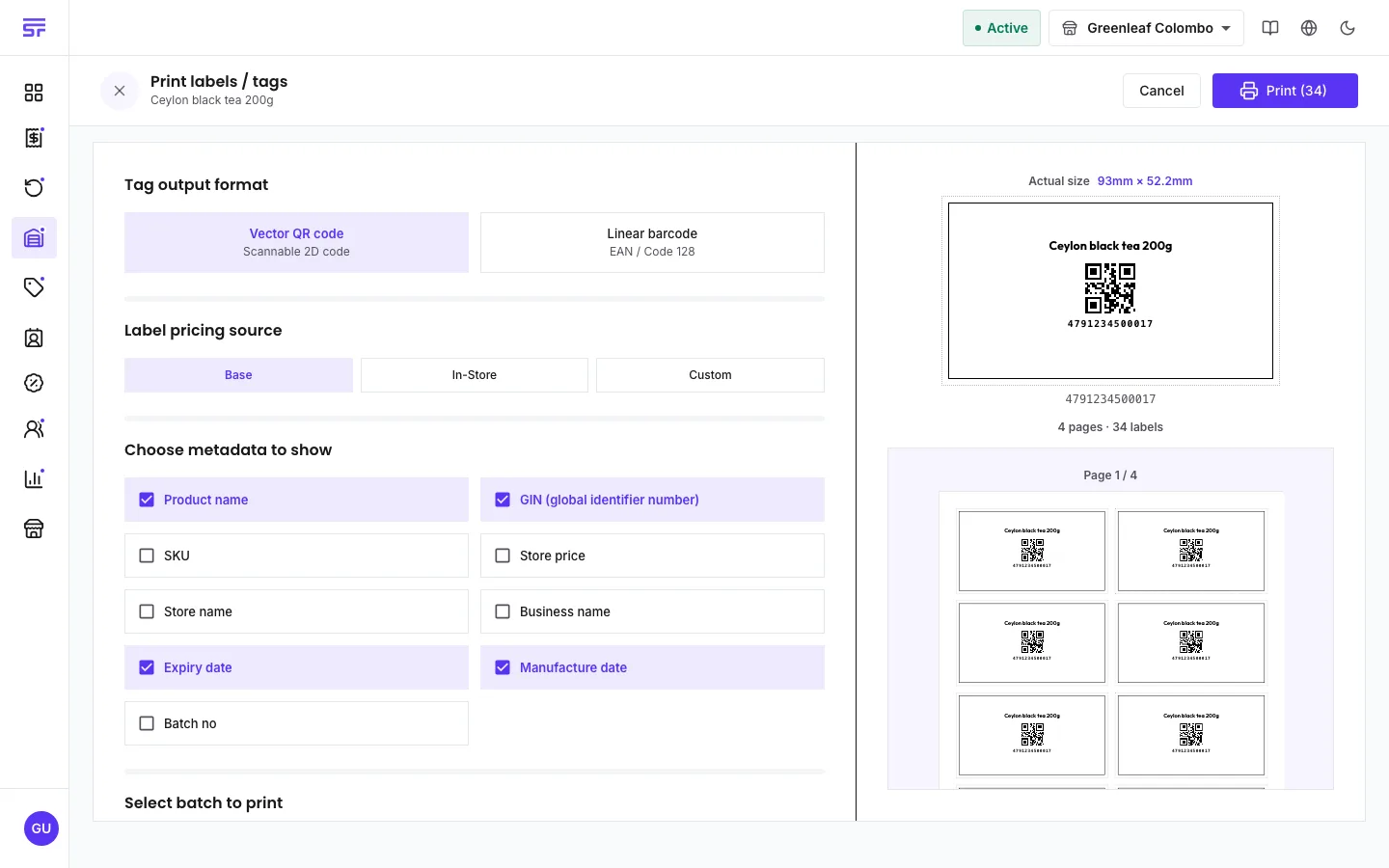 The Print labels / tags workspace: a tag output format choice between Vector QR code and Linear barcode, a label pricing source (Base, In-Store, Custom), checkboxes choosing which metadata each label shows, and a live preview pane with the label at actual size and the paginated sheet.
