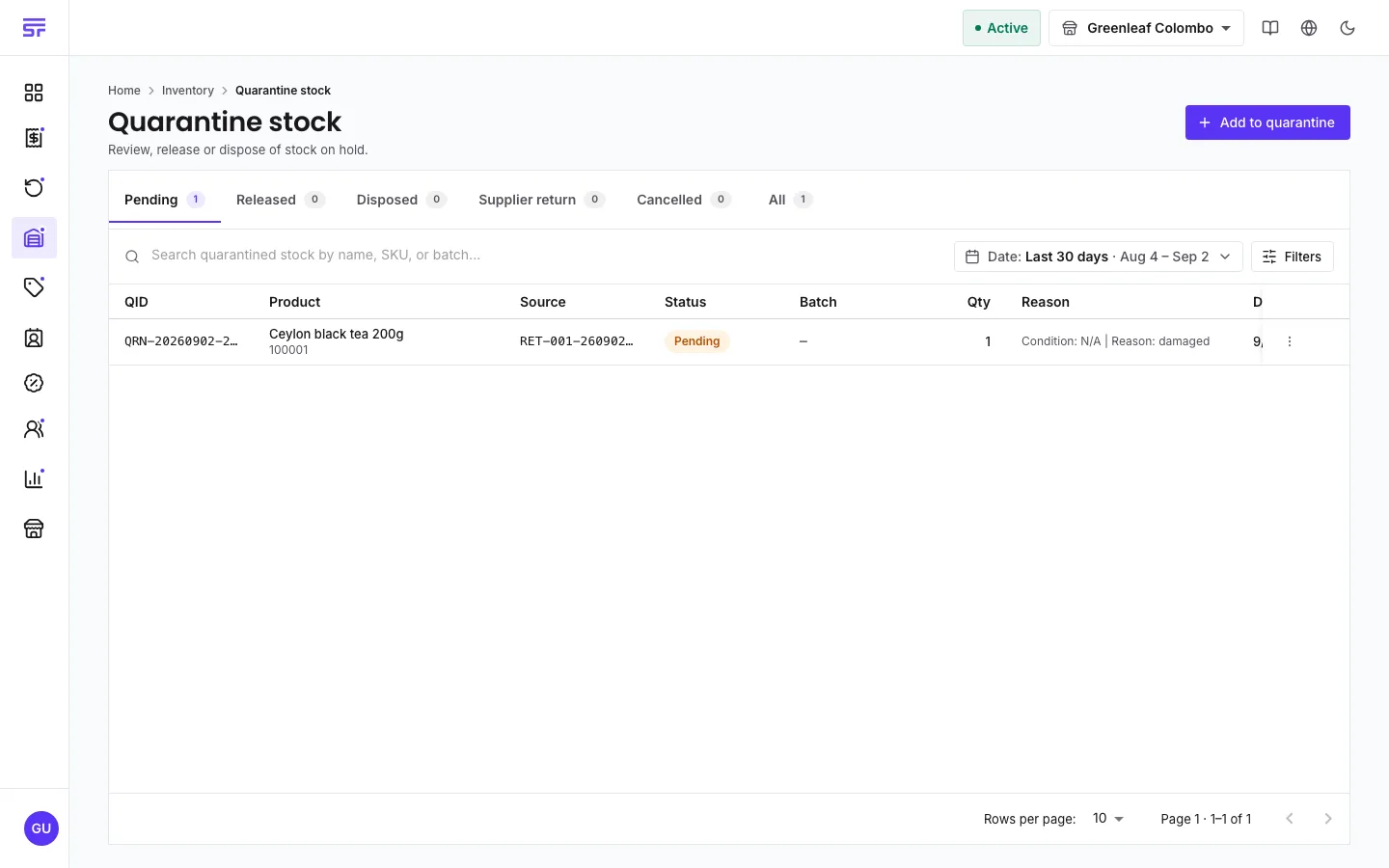 The Quarantine stock page: sub-tabs Pending, Released, Disposed, Supplier return, Cancelled and All, and a pending hold row showing its quarantine ID, product, the return it came from as Source, status, quantity and reason.