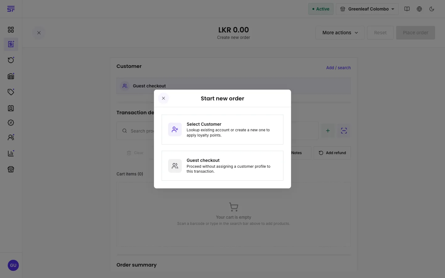 The checkout page: a product picker and cart on the left, customer, payment and totals on the right.
