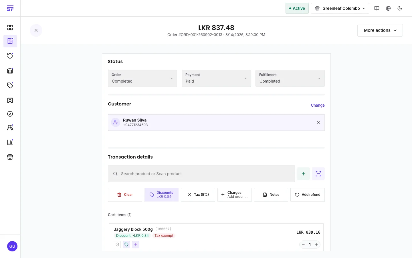 An order's detail page: three status selects side by side — Order: Completed, Payment: Paid, Fulfillment: Completed — above the customer and the cart's transaction details.