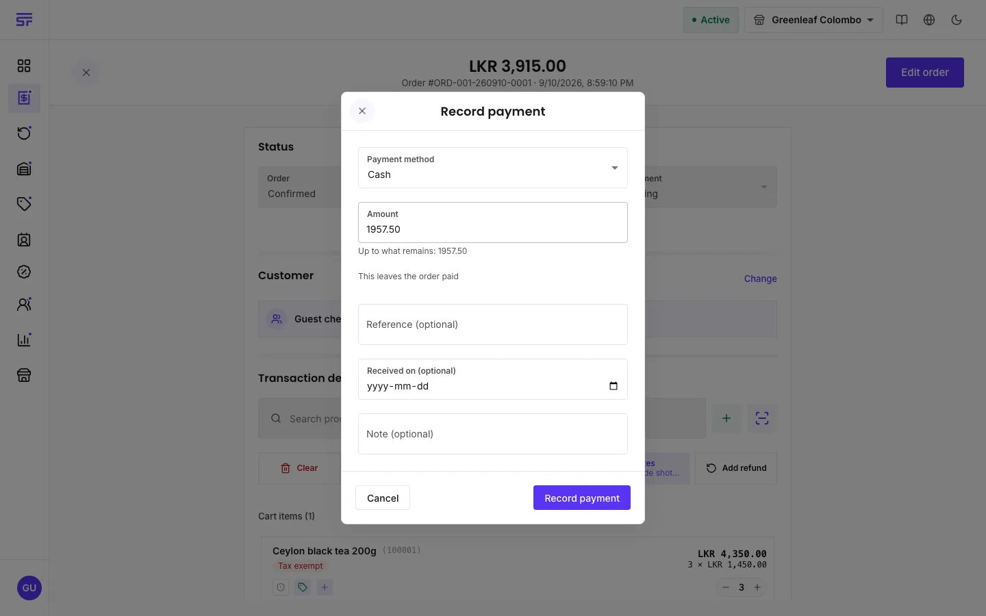 The Record payment dialog on a part-paid order: Payment method Cash, the Amount prefilled with what remains and the note 'Up to what remains', the line 'This leaves the order paid', and optional Reference, Received on and Note fields above Cancel and Record payment.