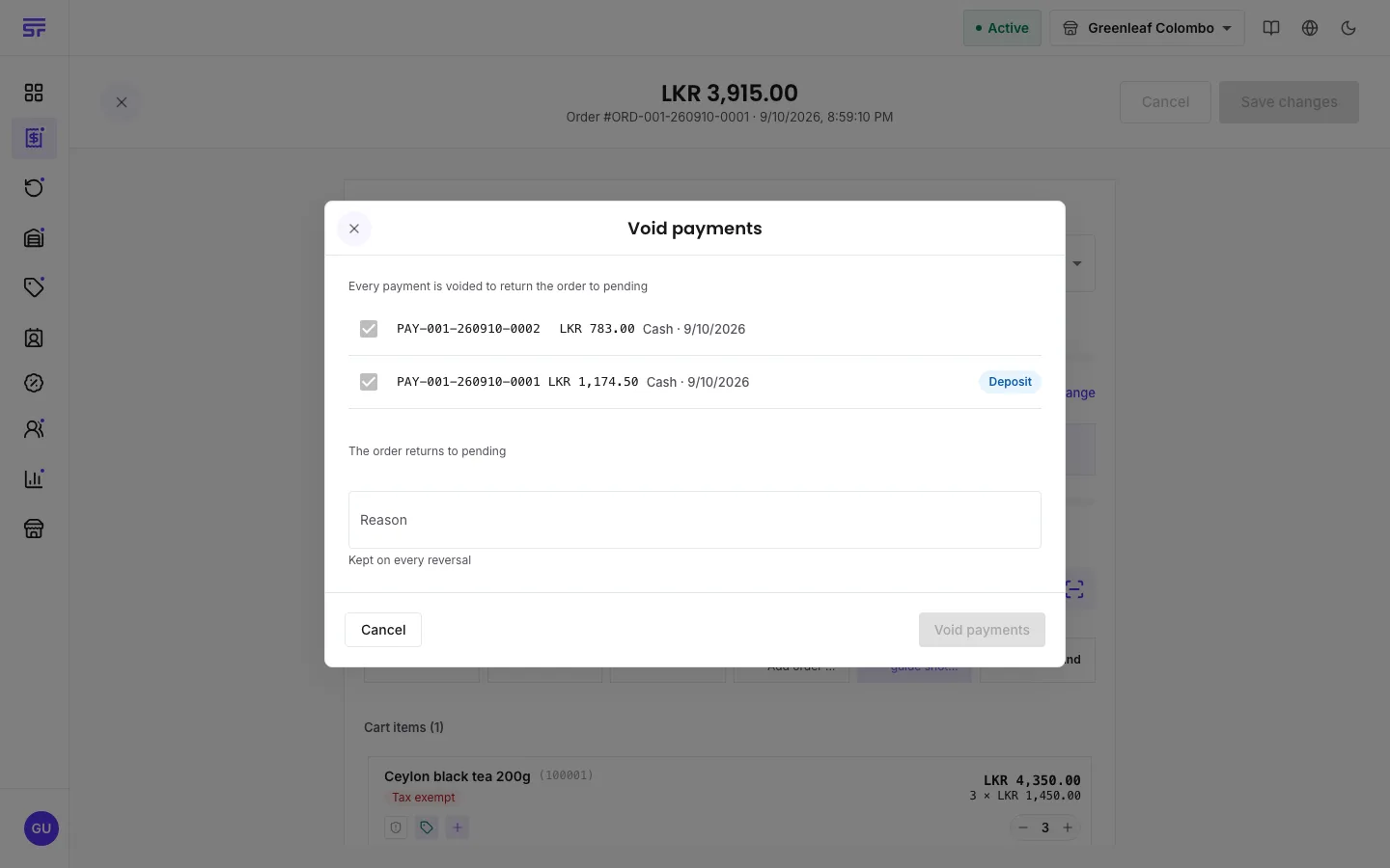 The Void payments dialog opened from Pending: 'Every payment is voided to return the order to pending', two payment rows ticked and locked — one of them marked Deposit — the line 'The order returns to pending', and a required Reason field.