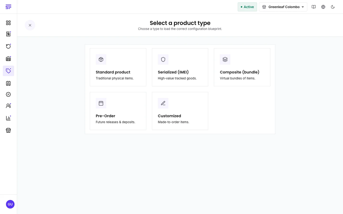 The create-product page: a form with product type, name, SKU and pricing fields under a sticky bar with the save action on the right.