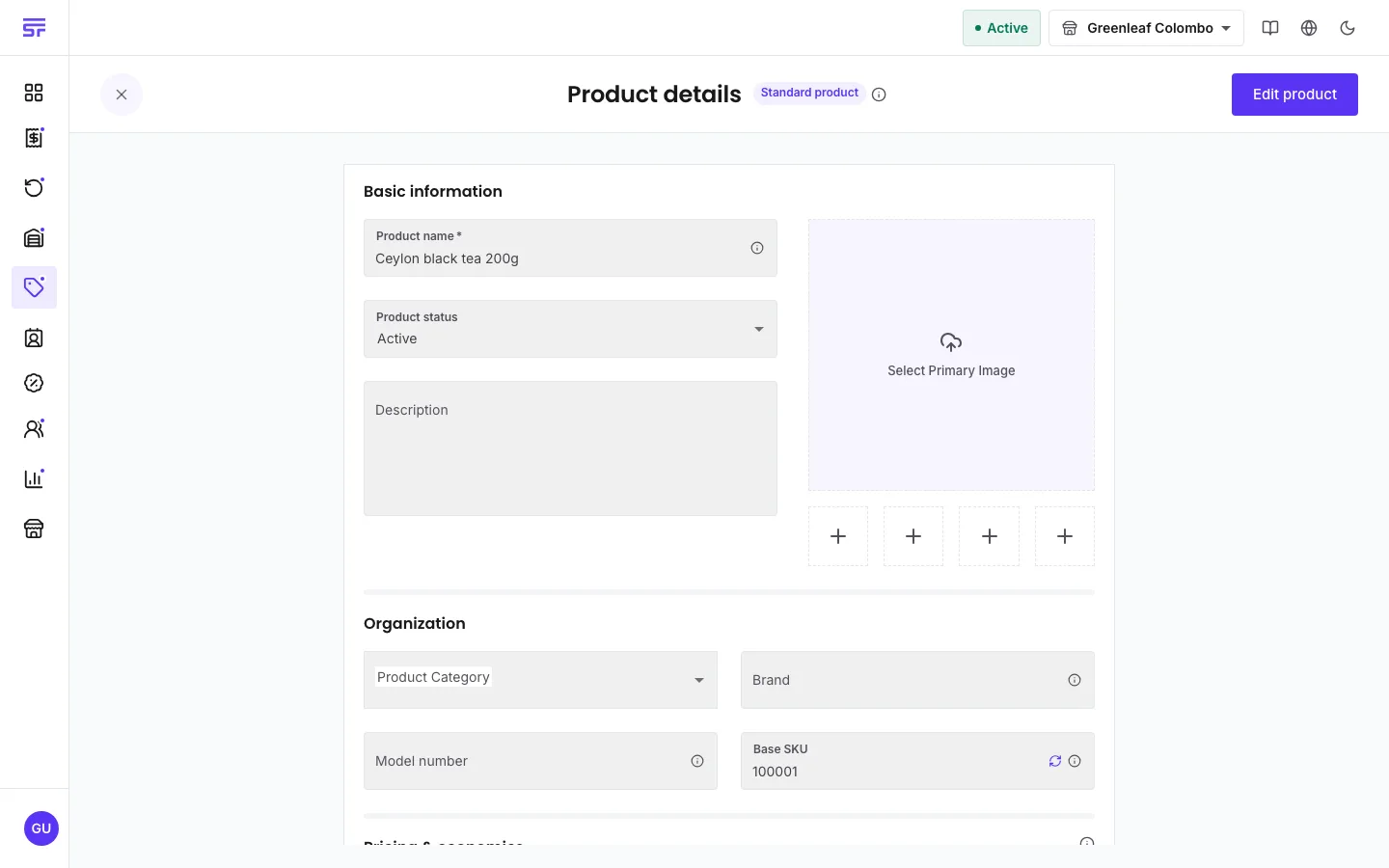 The Product details page in read-only mode: a Standard product chip beside the title, an Edit product button, and the Basic information and Organization sections showing the stored values.