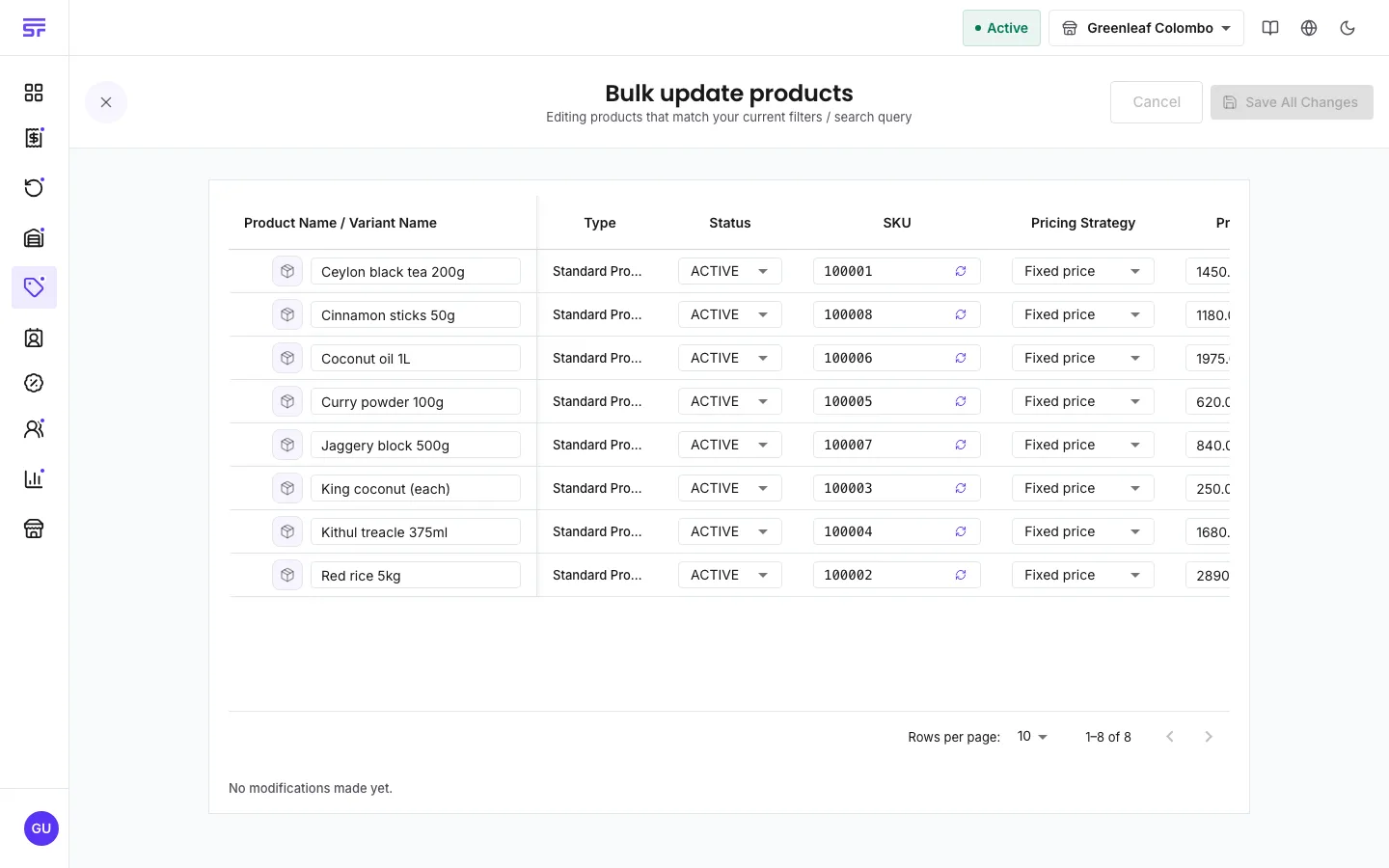The Bulk update products page: a grid of products with editable Name, Type, Status, SKU and Pricing strategy columns per row, a note 'Editing products that match your current filters / search query', and Cancel / Save All Changes buttons.