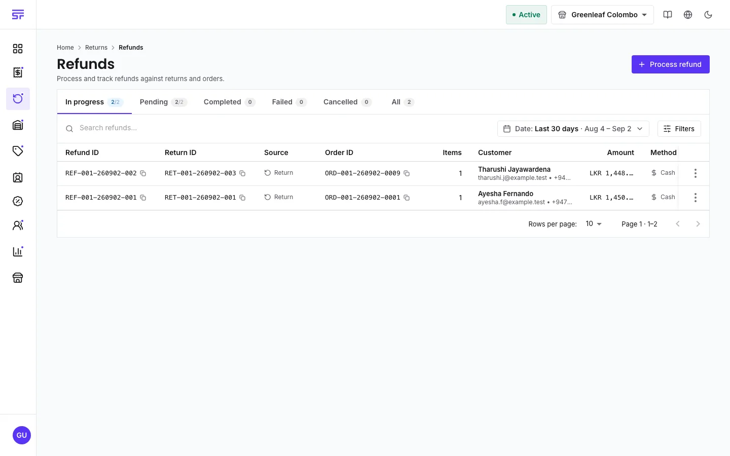 The Refunds page: tabs In progress, Pending, Completed, Failed, Cancelled and All, and rows showing refund and return IDs, a Return source chip, the order, customer, amount and Cash method.