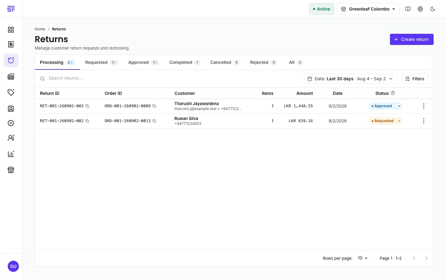 The Returns page: tabs Processing, Requested, Approved, Completed, Cancelled, Rejected and All, and rows showing return and order IDs, the customer, item count, refundable amount, date and an Approved or Requested status pill.