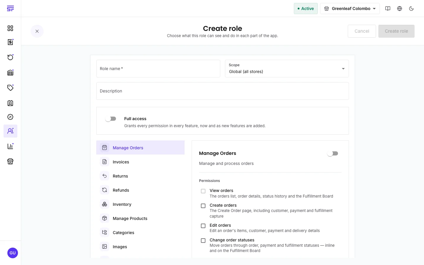 The Create role page: Role name and Scope fields, a Description, a Full access toggle, and a permission picker with feature sections down the left (Manage Orders, Invoices, Returns, Refunds, Inventory…) and individual permissions with plain-language descriptions on the right.