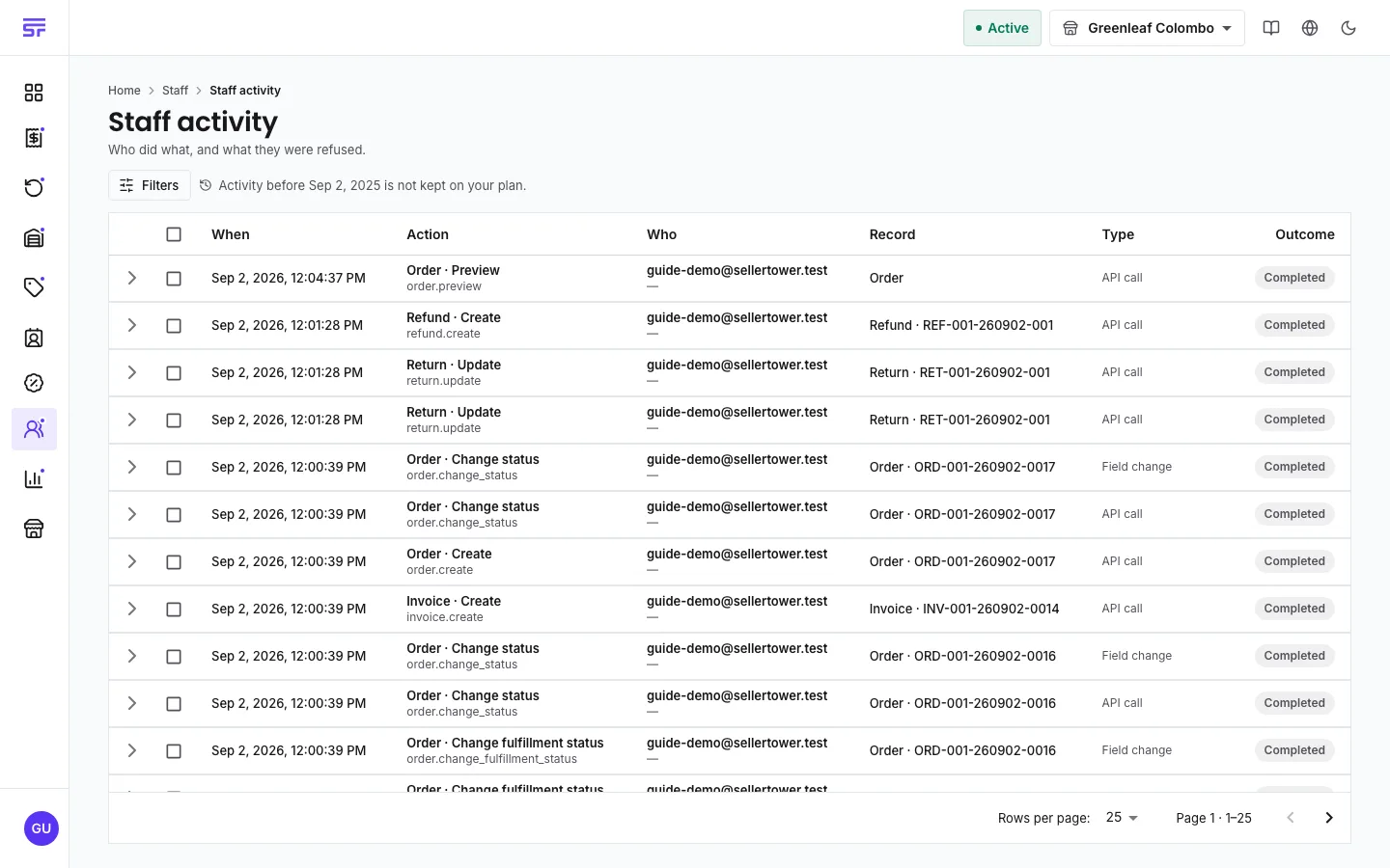 The Staff activity page — 'Who did what, and what they were refused.' — with a retention notice, and a table of entries: when, the action (Order · Create, Return · Update, Refund · Create…), who, the record affected with its number, the entry type (API call or Field change) and a Completed outcome pill.