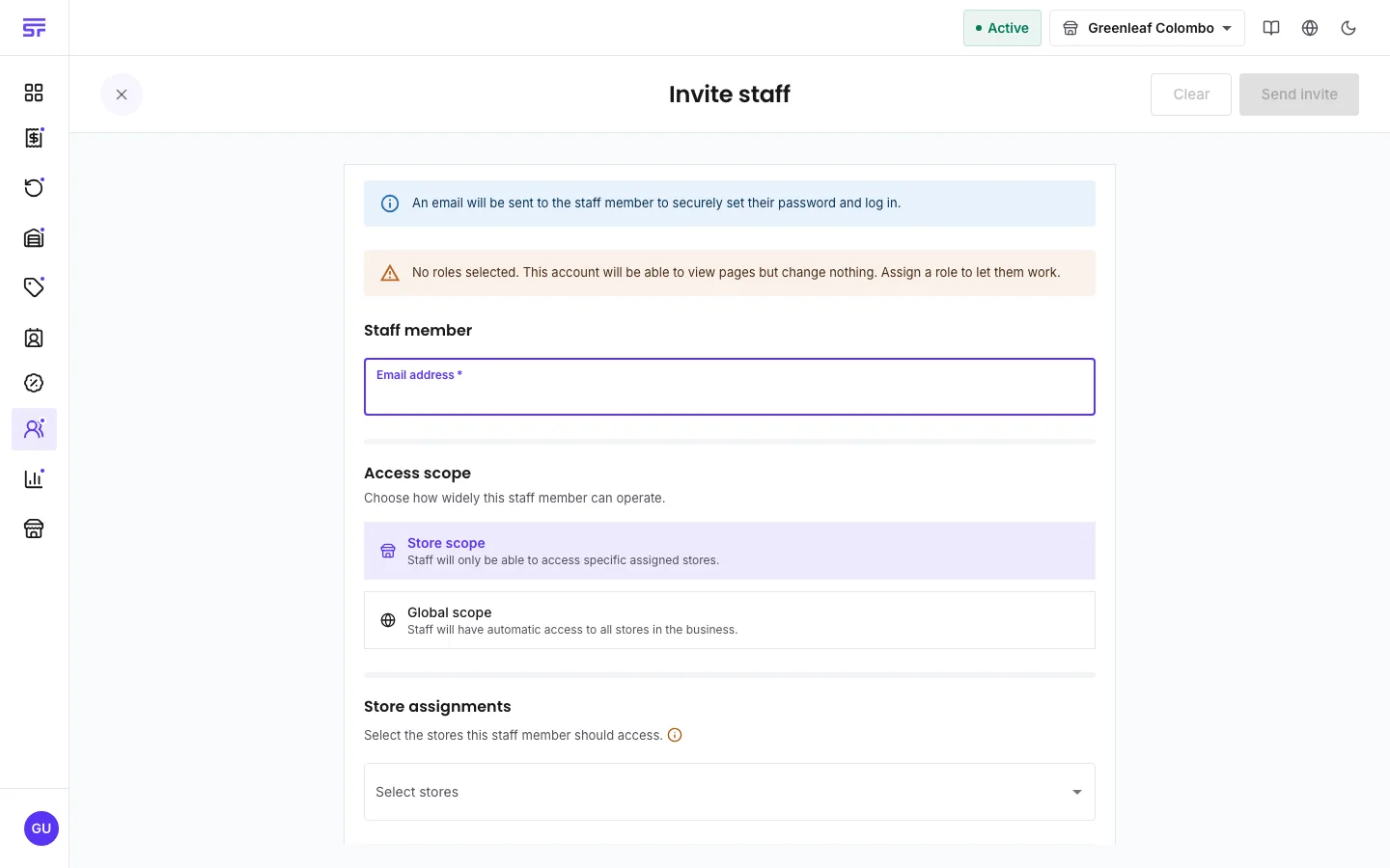 The Invite staff page: an info note that an email will be sent for the staff member to set their password, a warning that no roles are selected, an Email address field, an Access scope choice between Store scope and Global scope, and a store assignment picker.