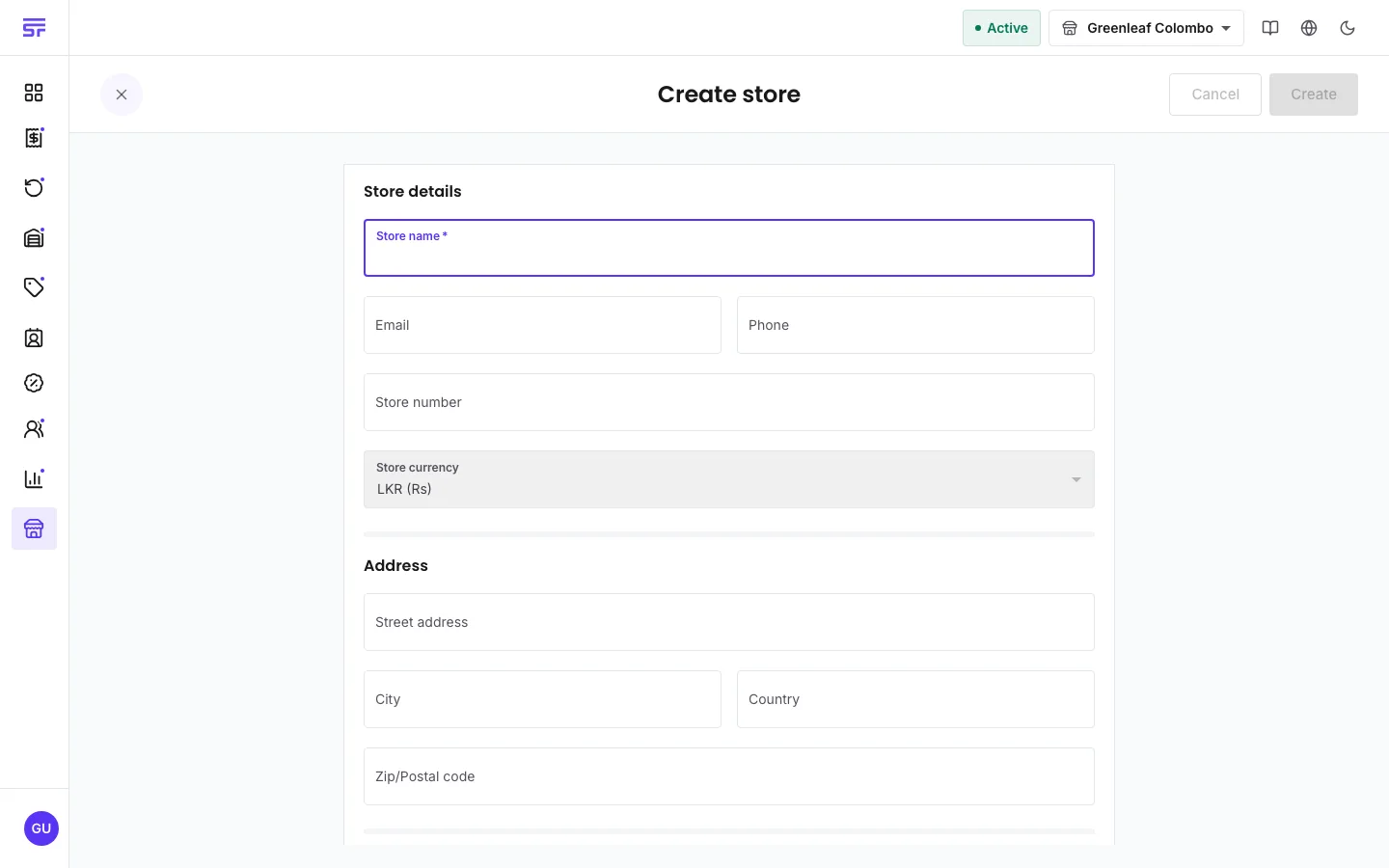 The Create store form: required Store name, optional Email, Phone and Store number fields, a locked Store currency select, and Address fields.