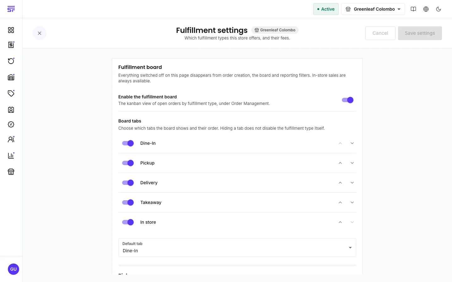 The store's Fulfillment settings page: toggles and configuration blocks for pickup (with address and prep time), takeaway, delivery (with timing mode and priced zones) and dine-in (with a service charge), plus the fulfilment board's tab settings.