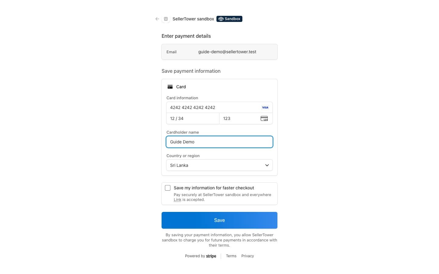 The Stripe checkout page: email pre-filled, card number, expiry, CVC and cardholder name fields, and a Save button.