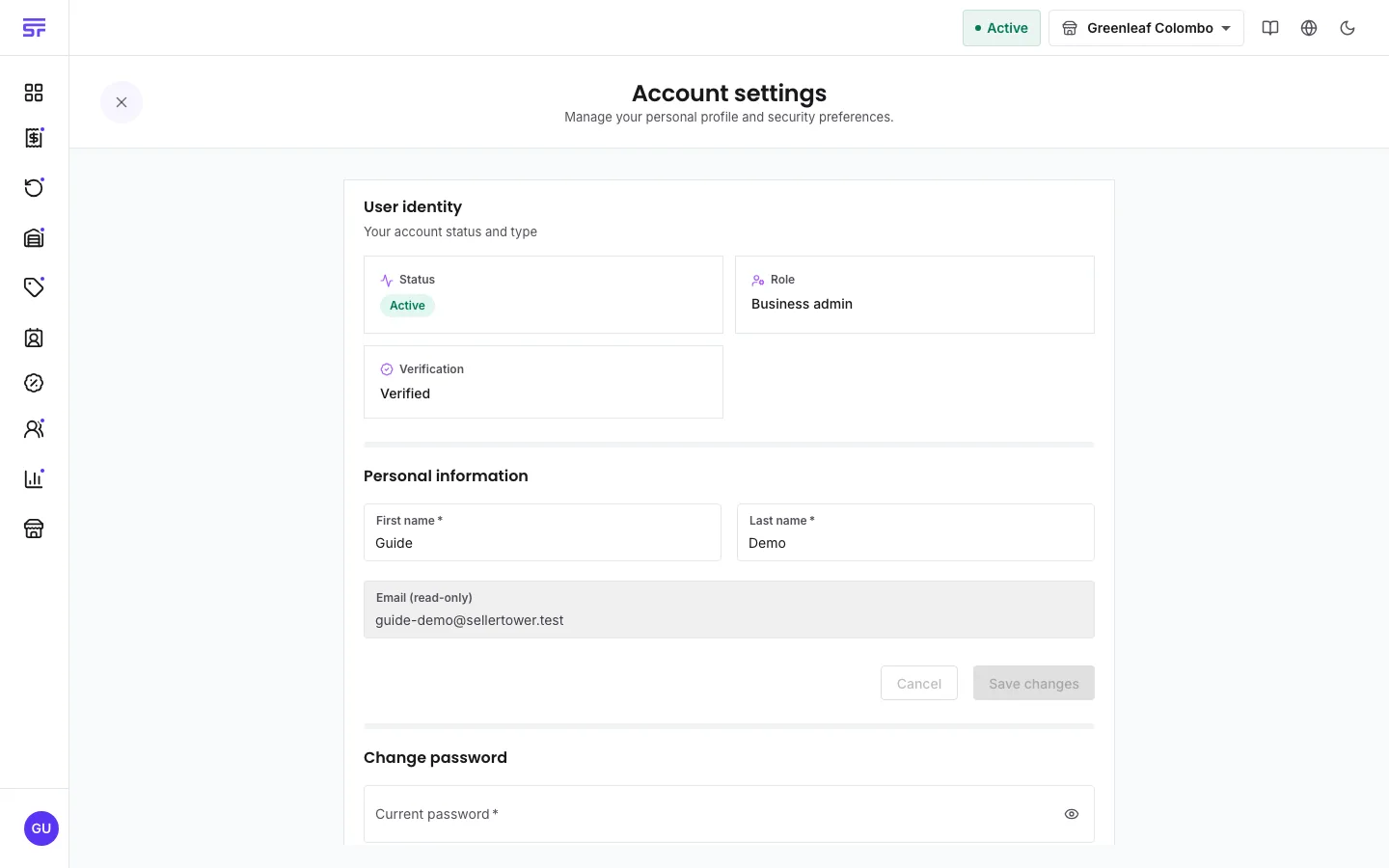 The Account settings page: User identity tiles for status, role and verification, a Personal information section with first and last name and a read-only email, and a Change password section.
